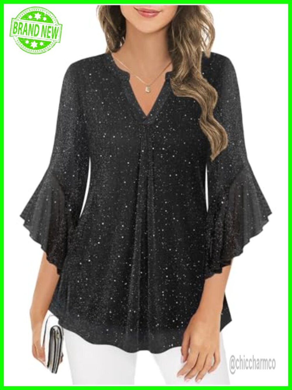Sparkly Sequin Blouse 3/4 Sleeve V-Neck Tunic